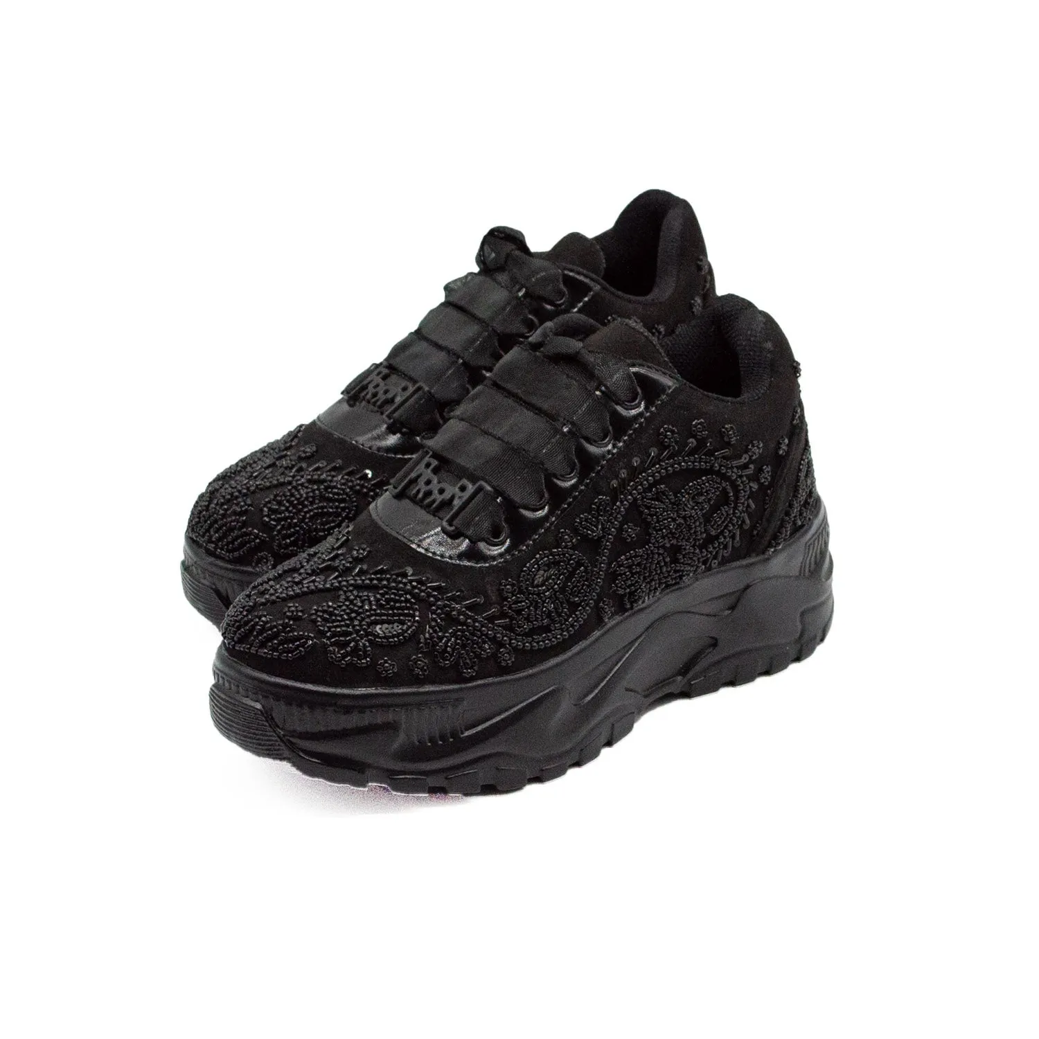 Aaliyah Luxury Noir Suede Handmade Embellished Trainers