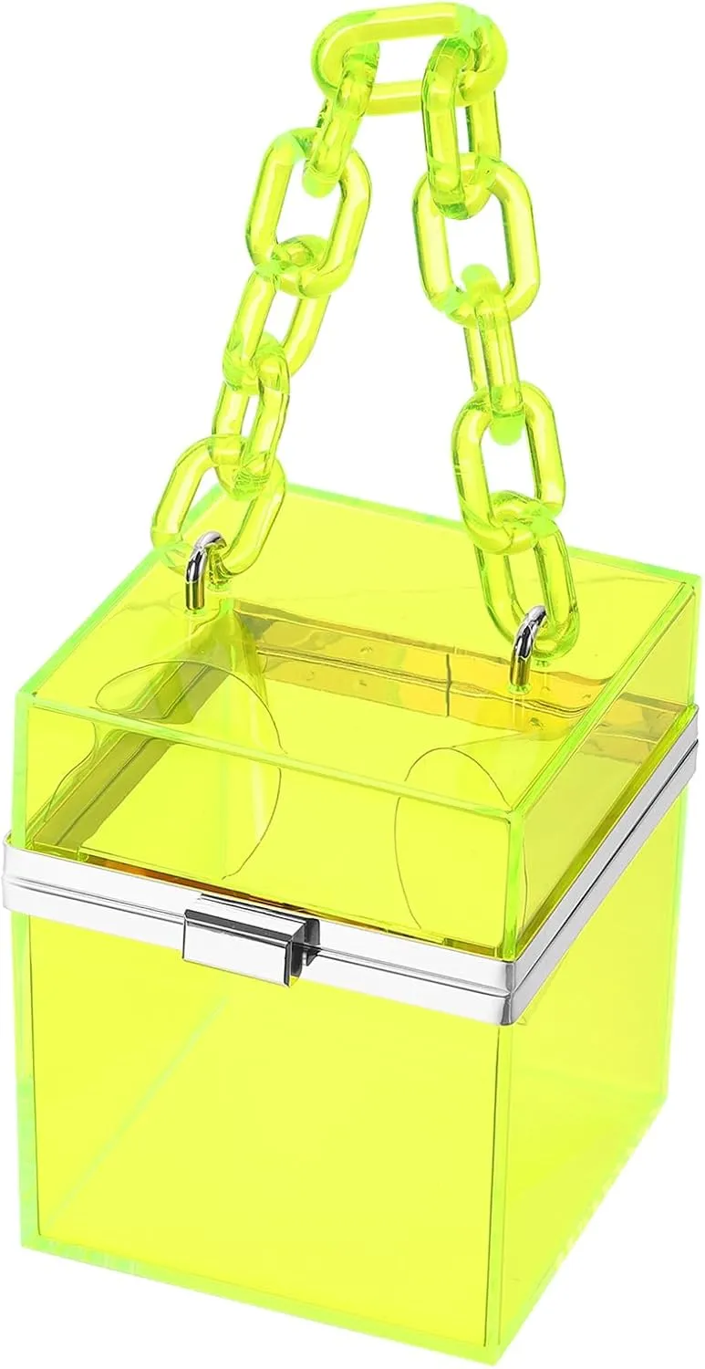 Acrylic Clear Evening Clutch Bag for Women, Shoulder Handbags Neon Hard Frame Party Purse for Wedding Prom Party (Yellow, Silver)