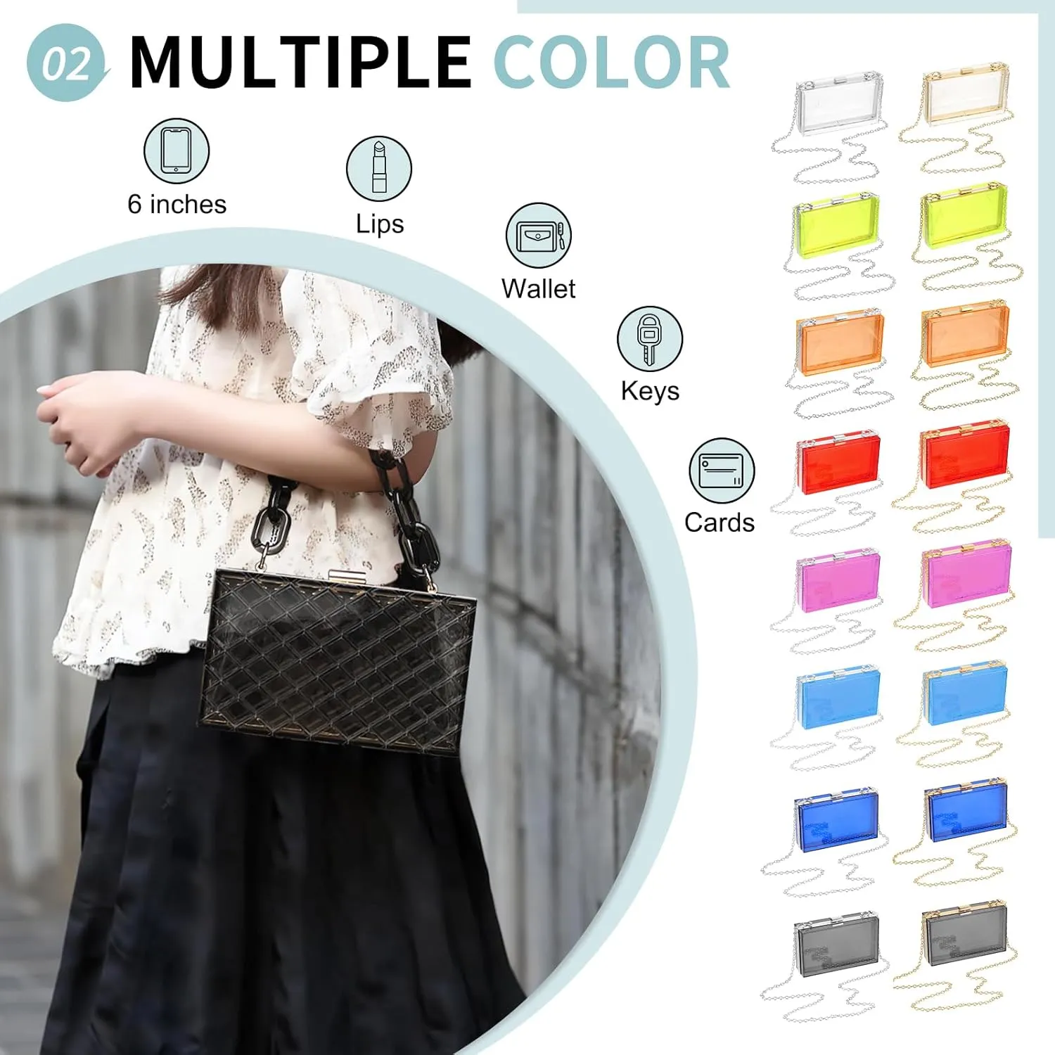 Acrylic Clear Evening Clutch Bag for Women, Shoulder Handbags Neon Hard Frame with Chains Party Purse for Wedding Prom Party (Light Blue, Silver)
