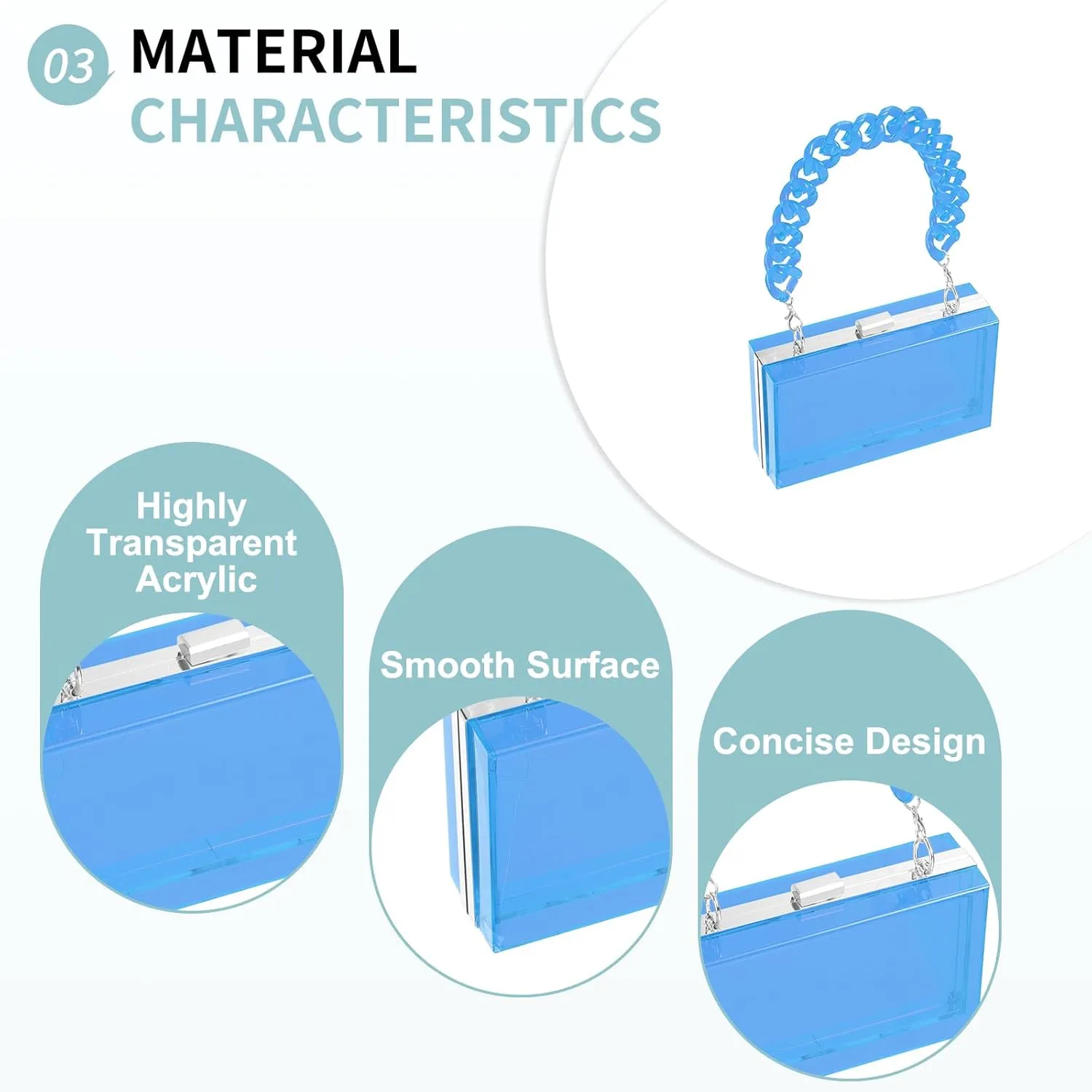 Acrylic Clear Evening Clutch Bag for Women, Shoulder Handbags Neon Hard Frame with Chains Party Purse for Wedding Prom Party (Light Blue, Silver)
