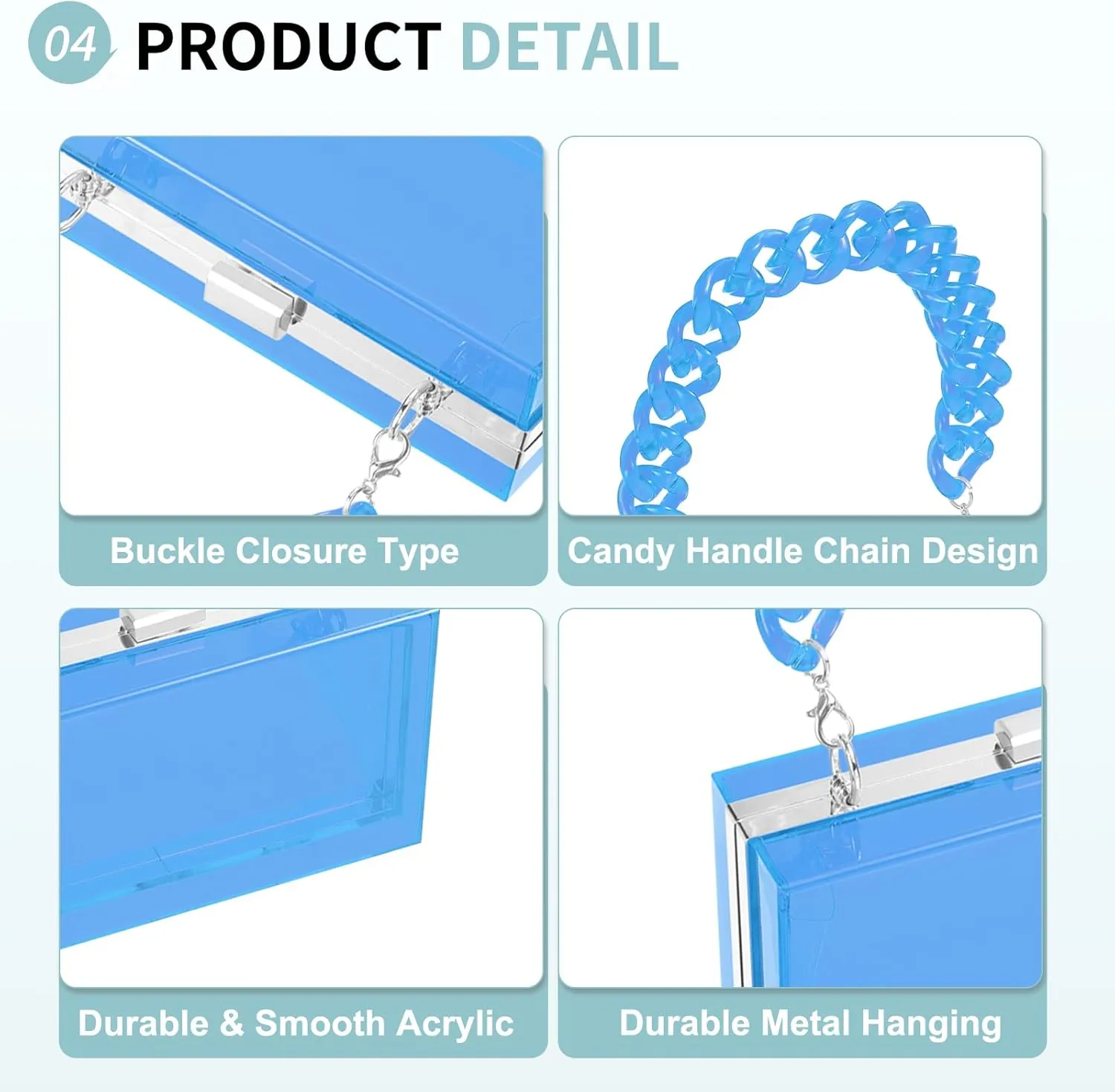 Acrylic Clear Evening Clutch Bag for Women, Shoulder Handbags Neon Hard Frame with Chains Party Purse for Wedding Prom Party (Light Blue, Silver)