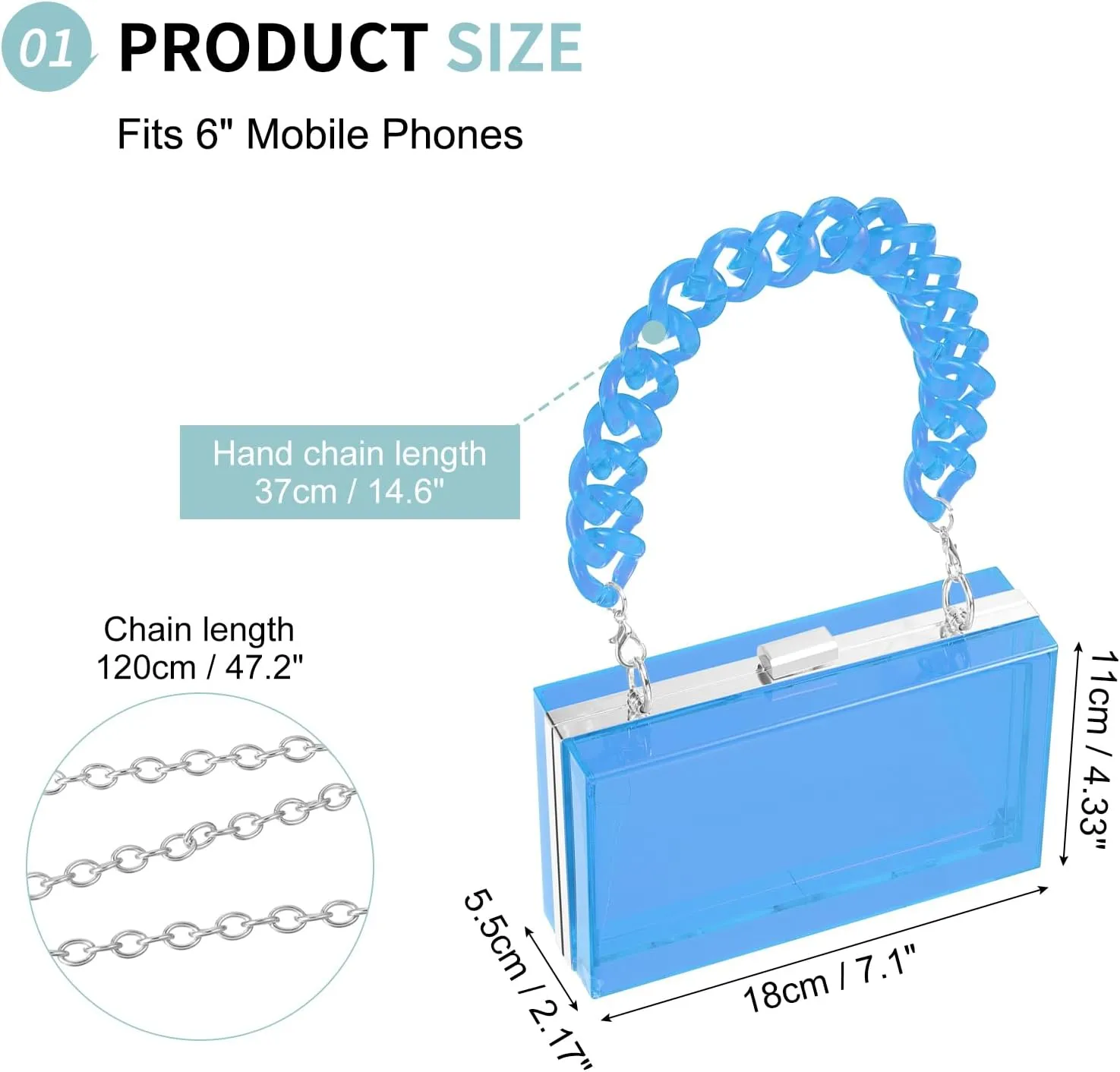 Acrylic Clear Evening Clutch Bag for Women, Shoulder Handbags Neon Hard Frame with Chains Party Purse for Wedding Prom Party (Light Blue, Silver)