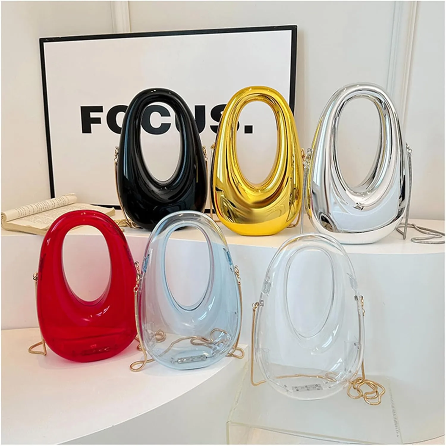 Acrylic Moon Shape Evening Clutch Purse For Women Metal Chains Unique Shoulder Bag Handbag For Wedding Party Prom (Transparent,Female,Adult)