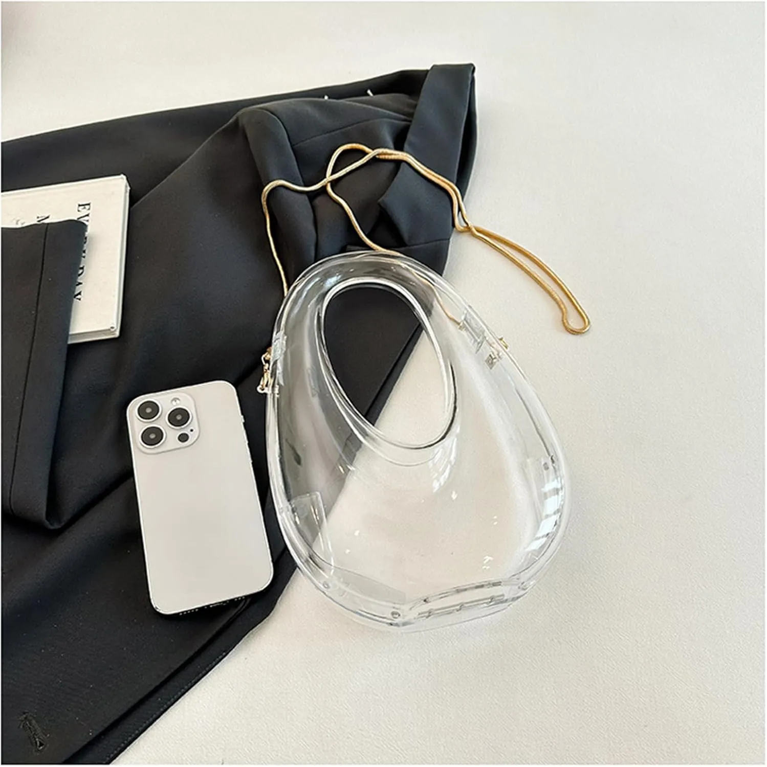 Acrylic Moon Shape Evening Clutch Purse For Women Metal Chains Unique Shoulder Bag Handbag For Wedding Party Prom (Transparent,Female,Adult)