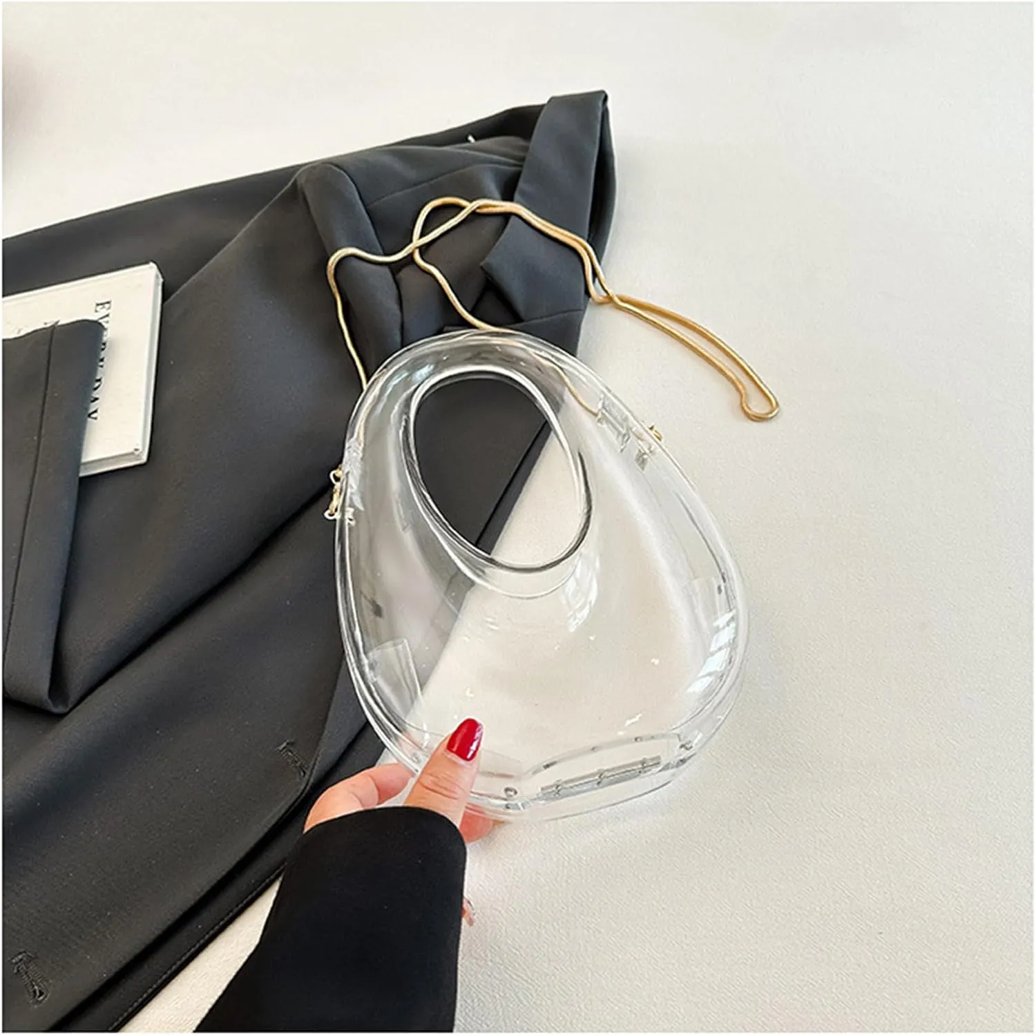 Acrylic Moon Shape Evening Clutch Purse For Women Metal Chains Unique Shoulder Bag Handbag For Wedding Party Prom (Transparent,Female,Adult)
