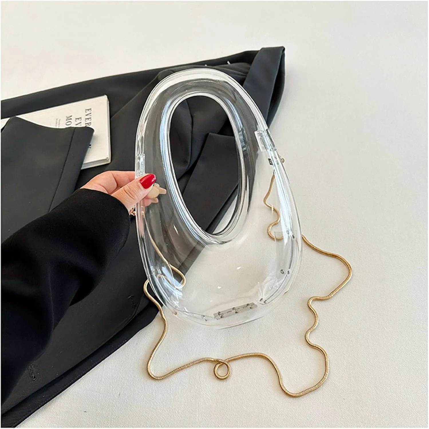 Acrylic Moon Shape Evening Clutch Purse For Women Metal Chains Unique Shoulder Bag Handbag For Wedding Party Prom (Transparent,Female,Adult)