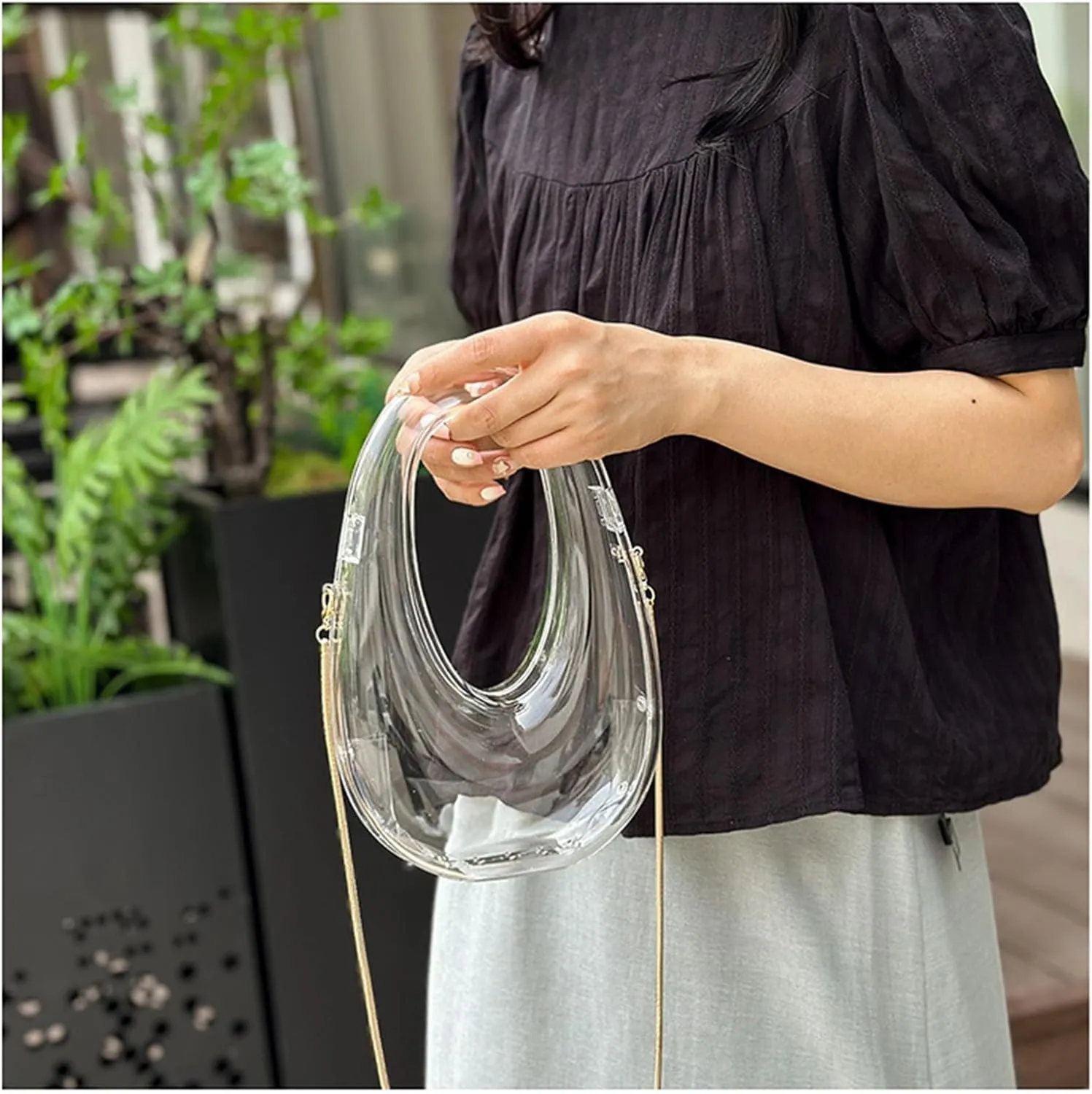 Acrylic Moon Shape Evening Clutch Purse For Women Metal Chains Unique Shoulder Bag Handbag For Wedding Party Prom (Transparent,Female,Adult)