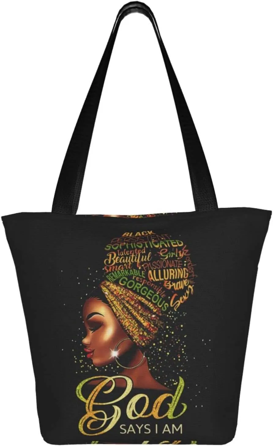 African American Woman Tote Bag Black Girl Shoulder Bag Afro Handbag Beach Bag for Adults Students Office Travel