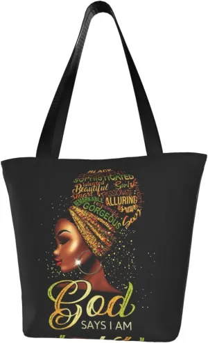African American Woman Tote Bag Black Girl Shoulder Bag Afro Handbag Beach Bag for Adults Students Office Travel