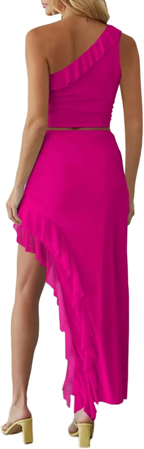 Aisbei Women's 2 Piece Outfits Mesh One Shoulder Crop Top Asymmetrical Ruffle Maxi Skirt Set Long Dress