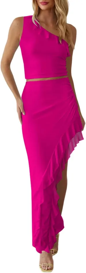 Aisbei Women's 2 Piece Outfits Mesh One Shoulder Crop Top Asymmetrical Ruffle Maxi Skirt Set Long Dress