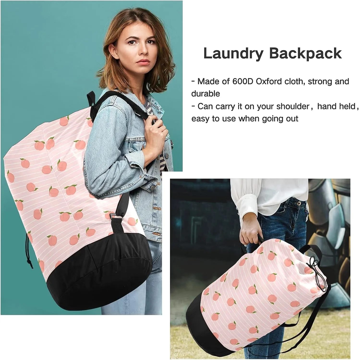 ALAZA Cute Pink Peach and Stripes Laundry Bag Backpack Clothes Hamper Bag with Adjustable Shoulder Straps Drawstring Closure for Home Apartment College Dorm Travel