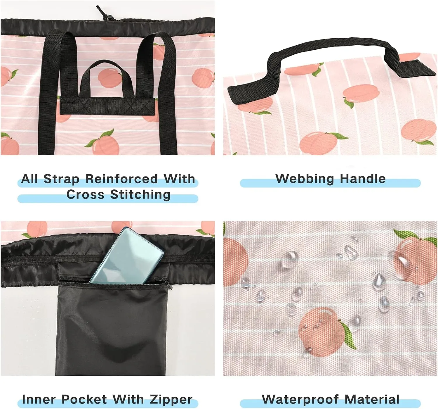 ALAZA Cute Pink Peach and Stripes Laundry Bag Backpack Clothes Hamper Bag with Adjustable Shoulder Straps Drawstring Closure for Home Apartment College Dorm Travel