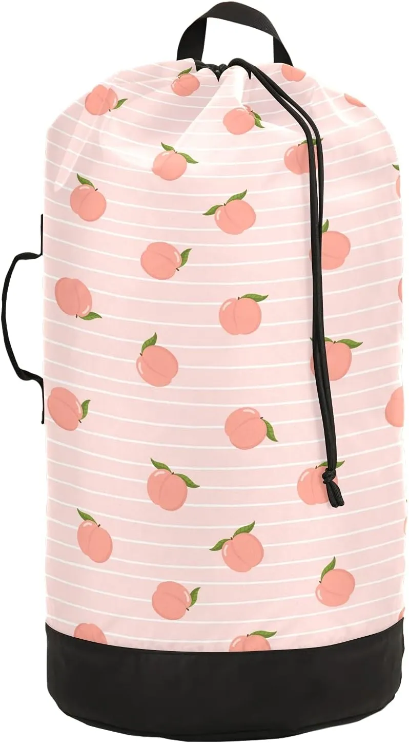 ALAZA Cute Pink Peach and Stripes Laundry Bag Backpack Clothes Hamper Bag with Adjustable Shoulder Straps Drawstring Closure for Home Apartment College Dorm Travel