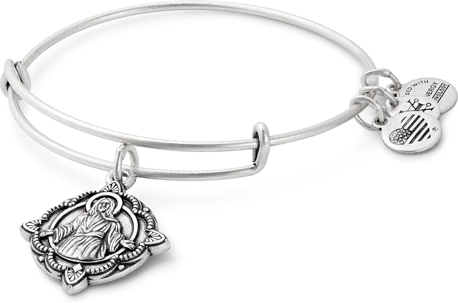 Alex and Ani Divine Guides Expandable Bangle Bracelet for Women, Jesus Engraved Charm, Rafaelian Finish, 2 to 3.5 in