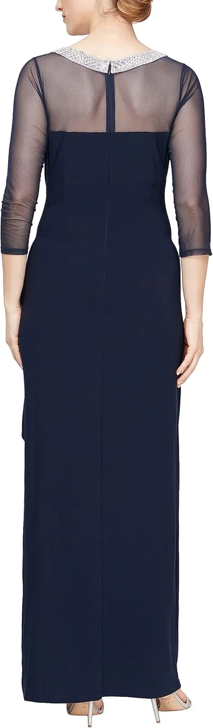 Alex Evenings Women's Long Matte Jersey Mother of The Bride Dress with 3/4 Illusion Sleeves (Petite and Regular Sizes)