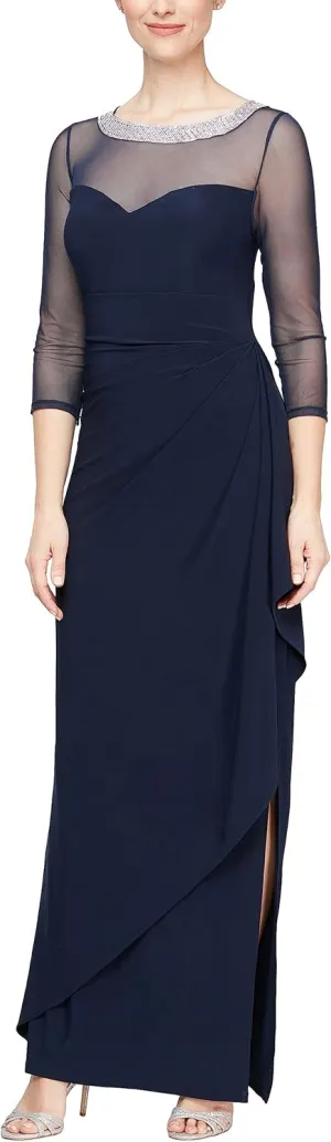 Alex Evenings Women's Long Matte Jersey Mother of The Bride Dress with 3/4 Illusion Sleeves (Petite and Regular Sizes)
