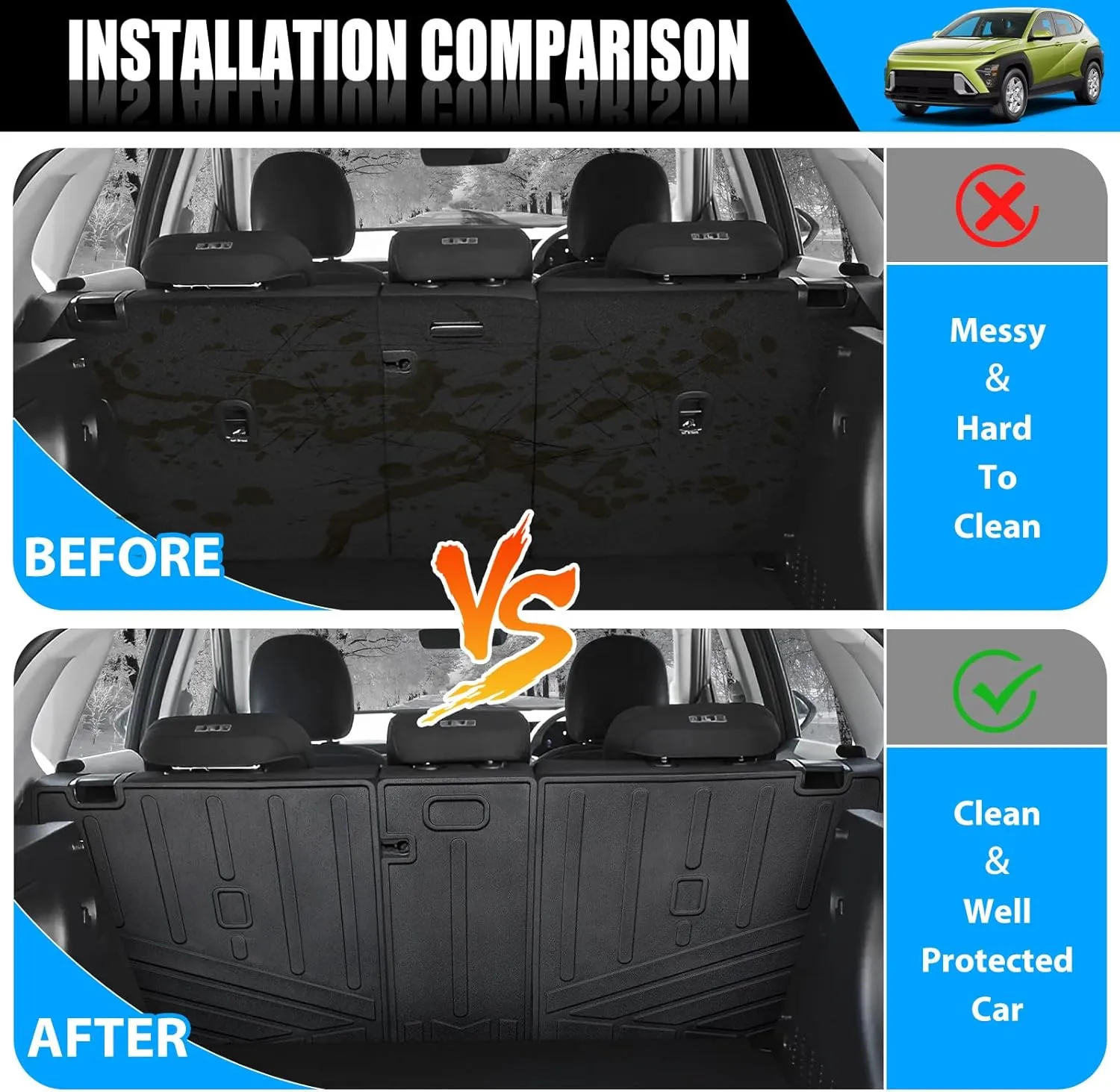 All Weather Backrest Mat Compatible with 2024 2025 Hyundai Kona & Kona Electric(EV), TPE Car Cargo Trunk Mat Accessories Seat Back Cover Protector for SUV, 2024 2025 Hyundai Kona Accessories