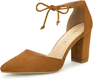 Allegra K Women Ankle Tie Chunky Heel Pointed Toe Dress Brown Pumps 7.5 M US