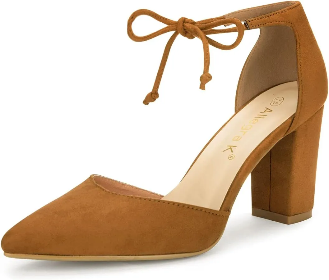 Allegra K Women Ankle Tie Chunky Heel Pointed Toe Dress Brown Pumps 7.5 M US