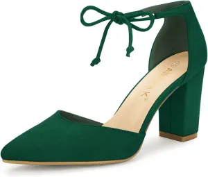 Allegra K Women Ankle Tie Chunky Heel Pointed Toe Dress Dark Green Pumps 10 M US