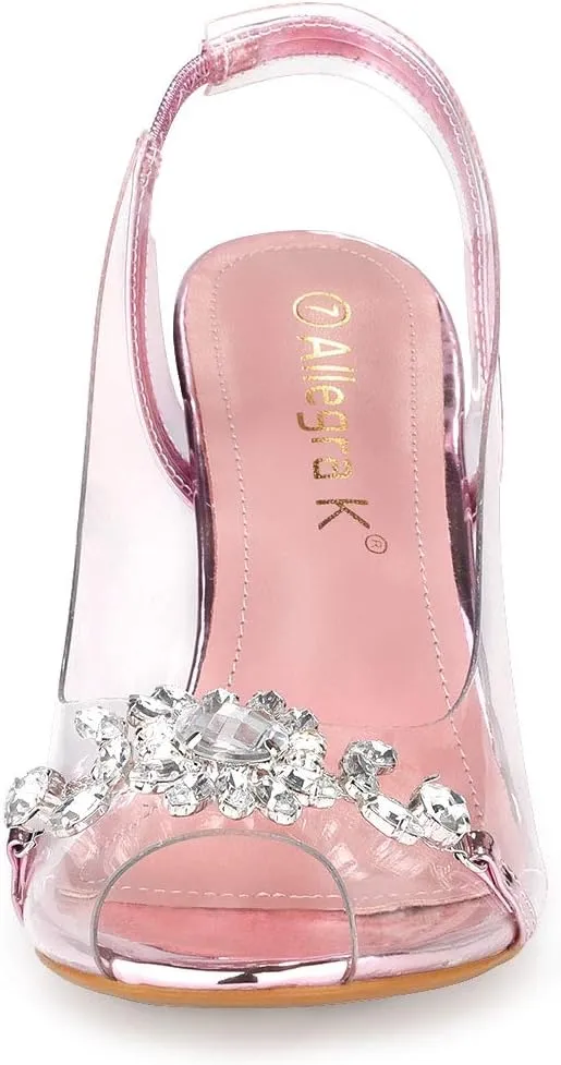 Allegra K Women's Clear Slingback Flower Rhinestone Peep Toe Heels Sandals