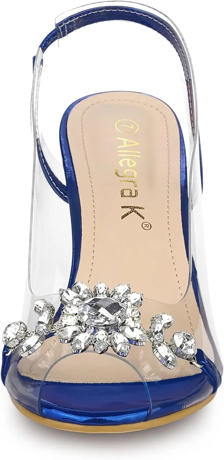 Allegra K Women's Clear Slingback Flower Rhinestone Peep Toe Heels Sandals