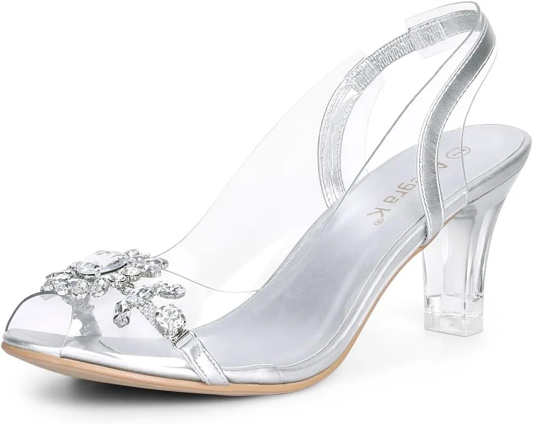 Allegra K Women's Clear Slingback Flower Rhinestone Peep Toe Heels Sandals