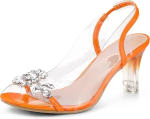 Allegra K Women's Clear Slingback Flower Rhinestone Peep Toe Heels Sandals