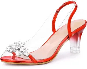 Allegra K Women's Clear Slingback Flower Rhinestone Peep Toe Heels Sandals