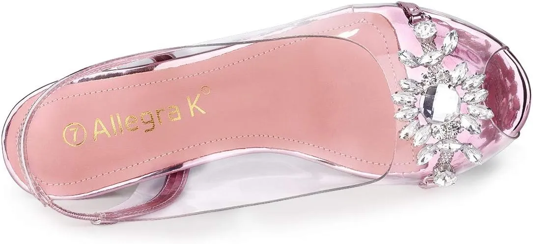 Allegra K Women's Clear Slingback Flower Rhinestone Peep Toe Heels Sandals