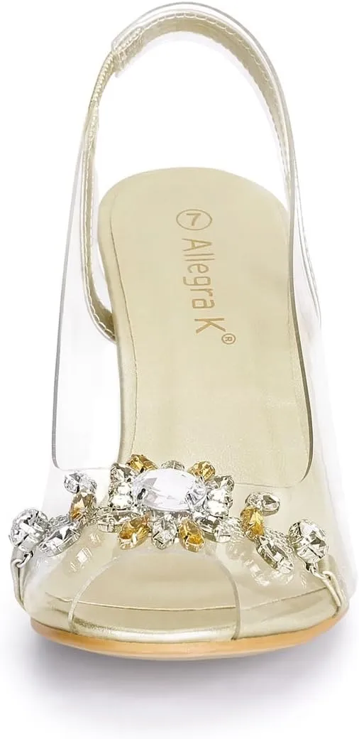 Allegra K Women's Clear Slingback Flower Rhinestone Peep Toe Heels Sandals