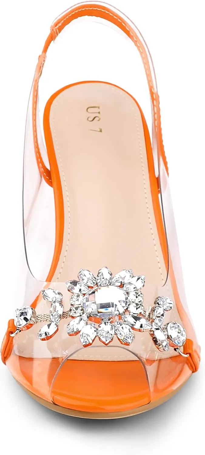 Allegra K Women's Clear Slingback Flower Rhinestone Peep Toe Heels Sandals