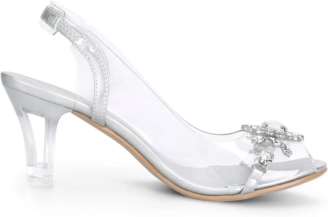 Allegra K Women's Clear Slingback Flower Rhinestone Peep Toe Heels Sandals