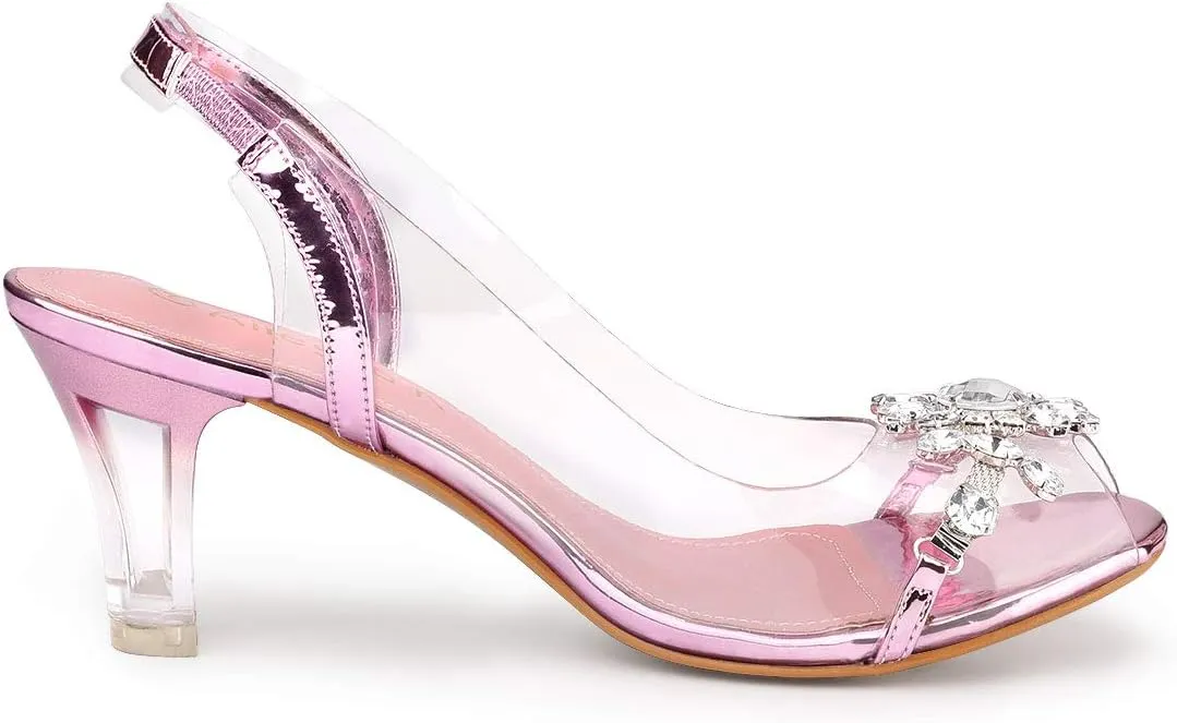 Allegra K Women's Clear Slingback Flower Rhinestone Peep Toe Heels Sandals