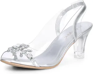 Allegra K Women's Clear Slingback Flower Rhinestone Peep Toe Heels Sandals