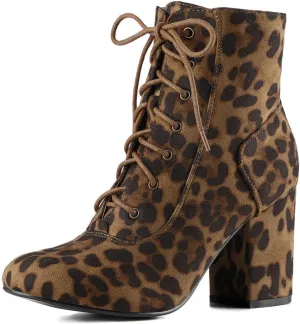 Allegra K Women's Lace Up Chunky Heel Ankle Booties
