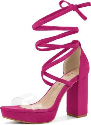 Allegra K Women's Platform Lace Up Clear Chunky Heels Sandals