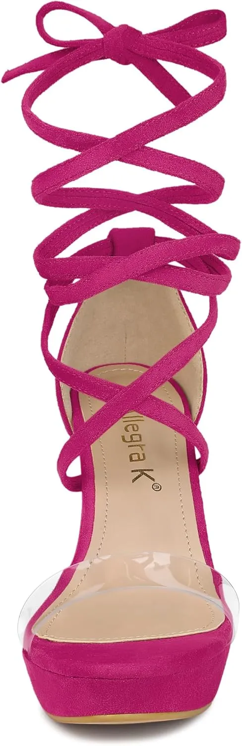 Allegra K Women's Platform Lace Up Clear Chunky Heels Sandals