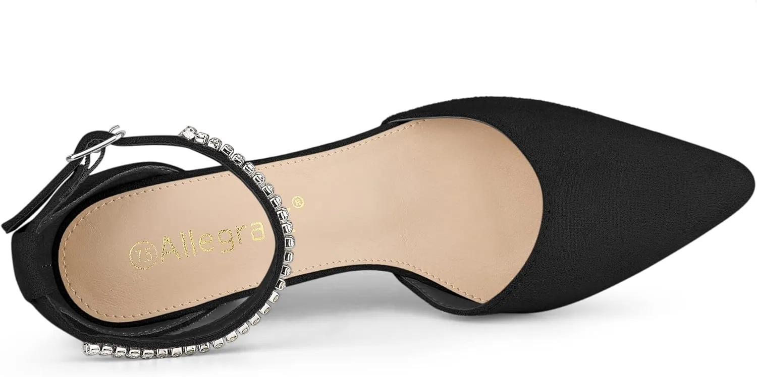 Allegra K Women's Pointed Toe Rhinestone Ankle Strap Chunky Heels Pumps