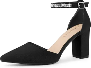 Allegra K Women's Pointed Toe Rhinestone Ankle Strap Chunky Heels Pumps