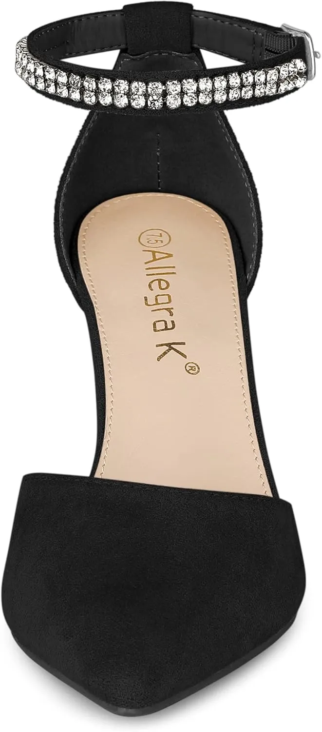 Allegra K Women's Pointed Toe Rhinestone Ankle Strap Chunky Heels Pumps
