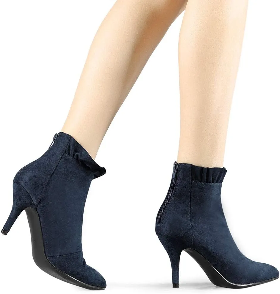 Allegra K Women's Pointed Toe Stiletto Heel Ruffle Ankle Boots