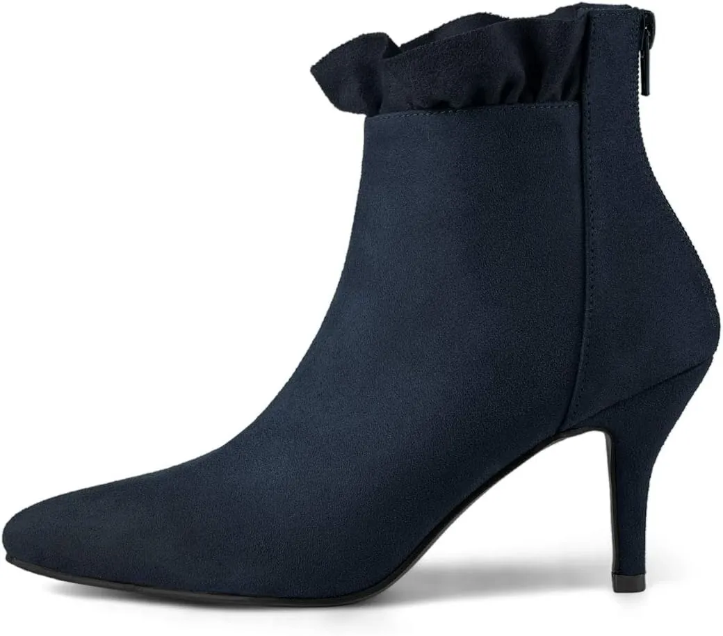 Allegra K Women's Pointed Toe Stiletto Heel Ruffle Ankle Boots