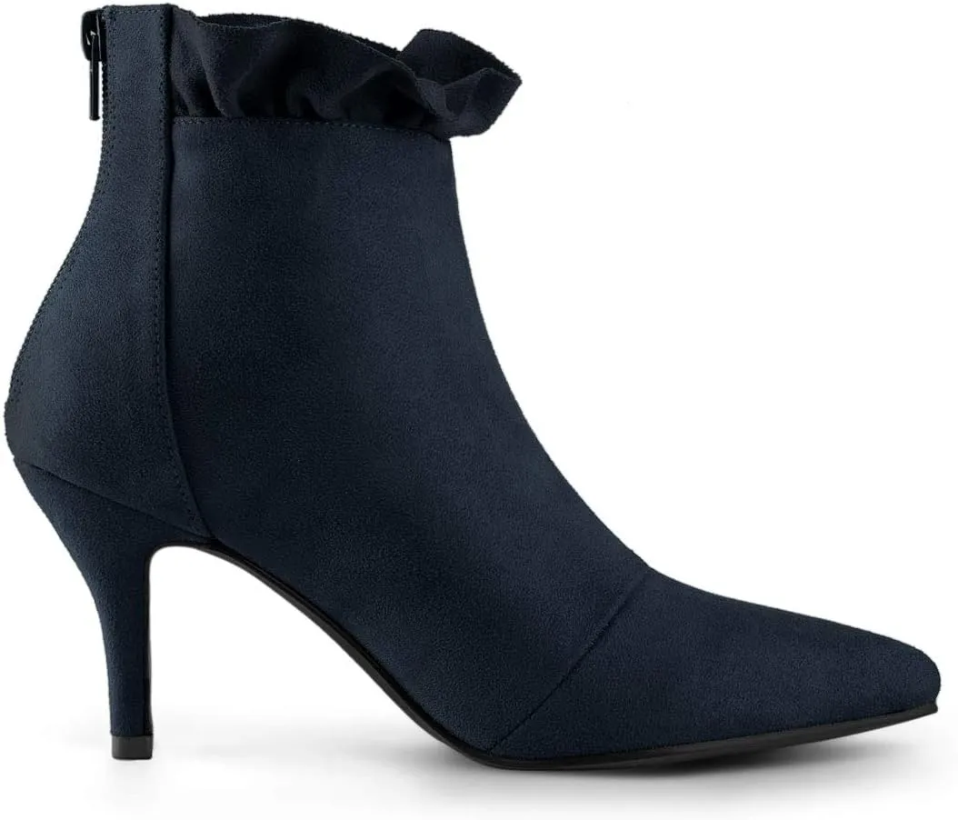 Allegra K Women's Pointed Toe Stiletto Heel Ruffle Ankle Boots