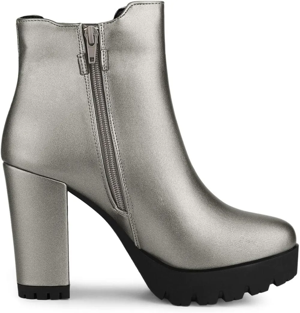 Allegra K Women's Round Toe Zipper Block Heel Platform Ankle Boots