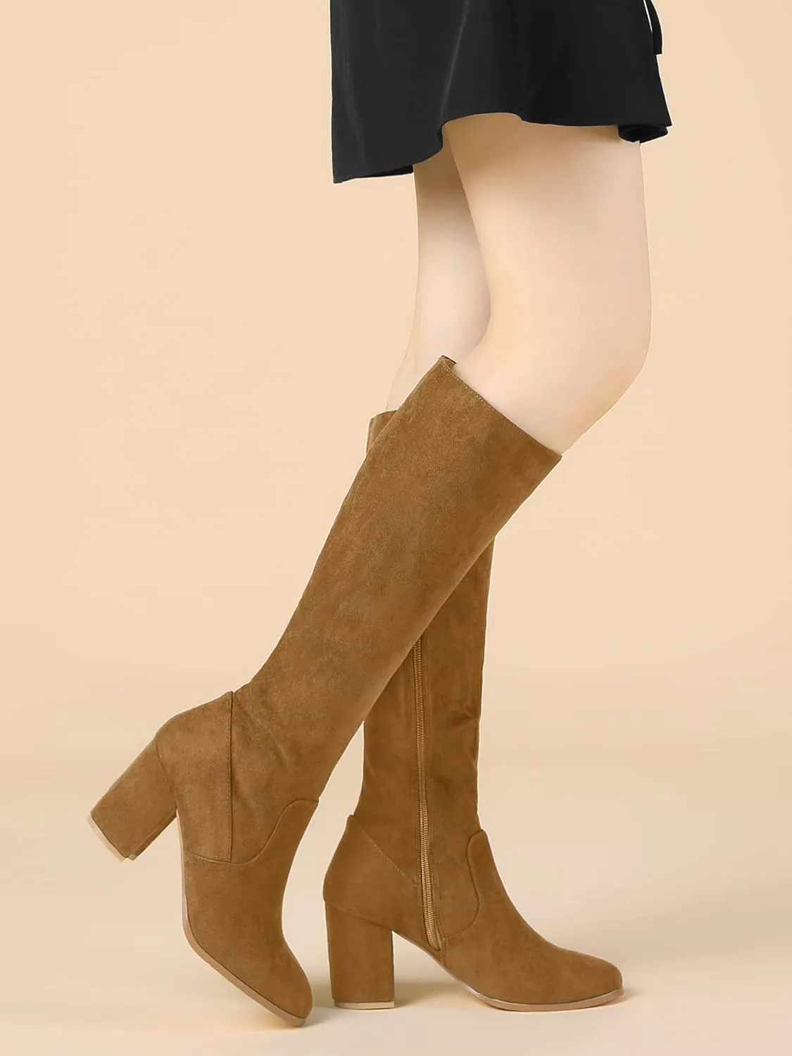 Allegra K Women's Side Zipper Chunky Heel Knee High Boots