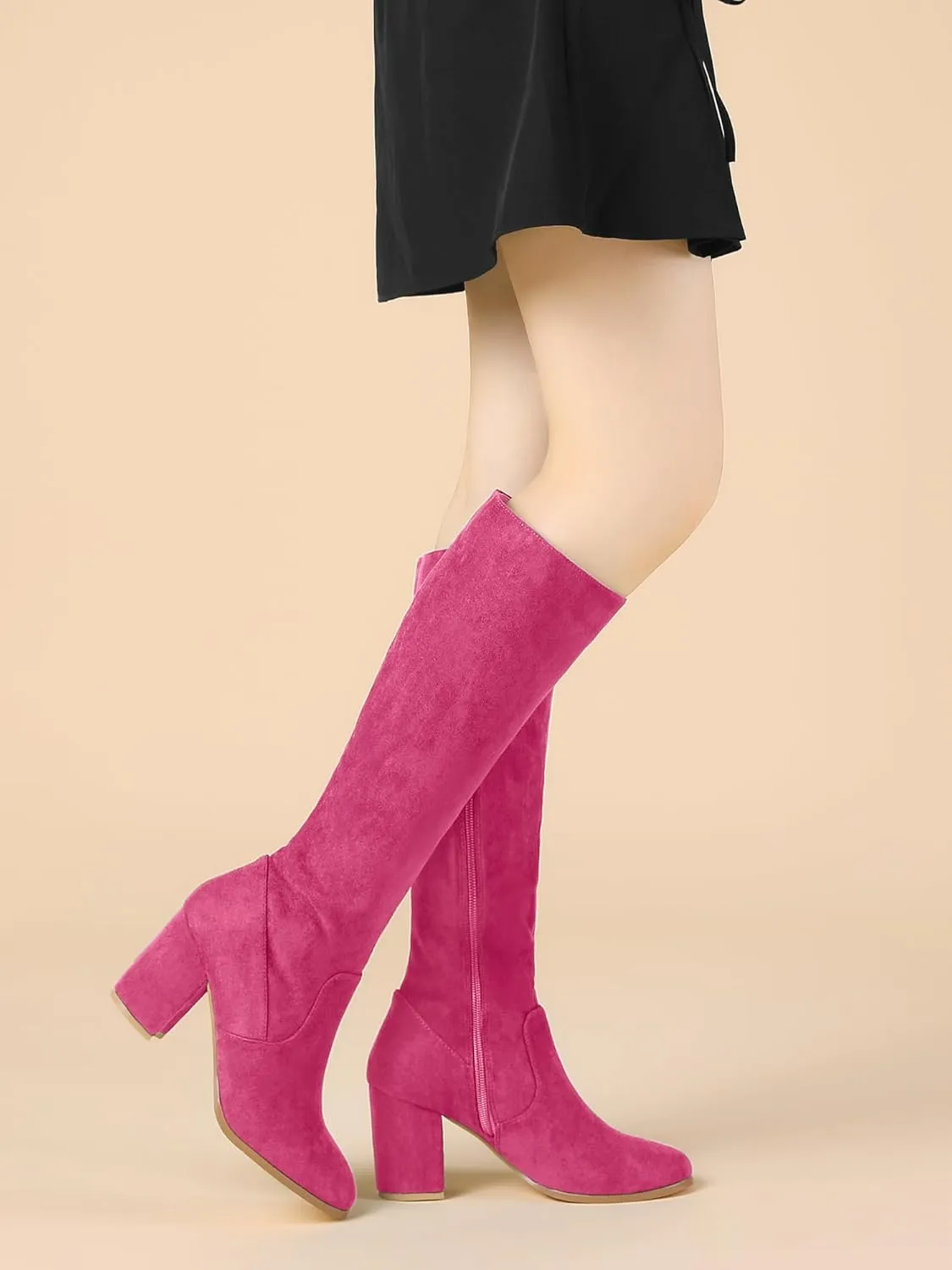 Allegra K Women's Side Zipper Chunky Heel Knee High Boots