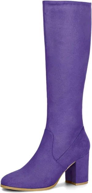 Allegra K Women's Side Zipper Chunky Heel Knee High Purple Boots 8 M US