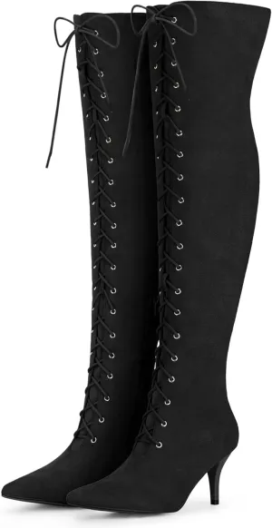 Allegra K Women's Thigh High Boots Lace Up Stiletto Heel Over Knee High Boots